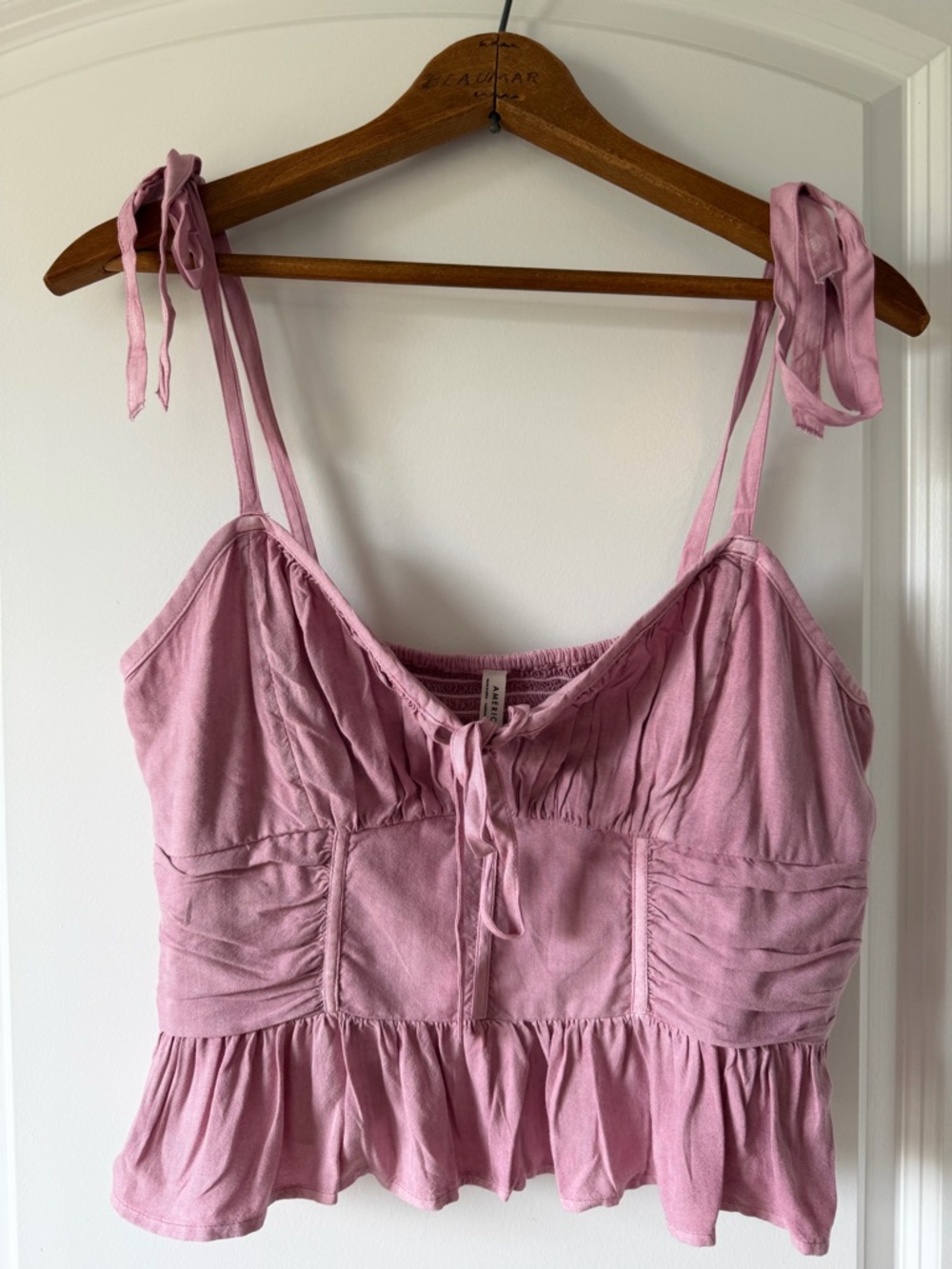 NWT American Eagle Tie-Shoulder Coquette Pink Women's Crop Boho Ruffle Top